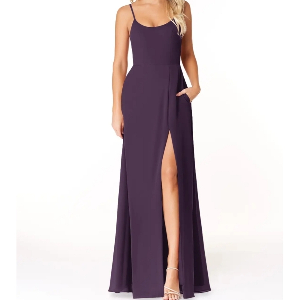 Azazie plum Moira a line scoop chiffon floor length bridesmaids dress side slit